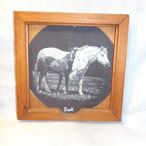 Meticulously, Hand Painted *** Mare and Colt *** in Hand Crafted Wooden Frame